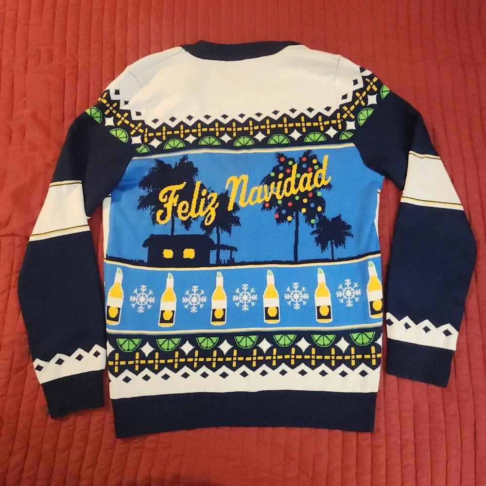 Corona Extra Feliz Navidad Ugly Christmas Sweater Cardigan Mens Large Blue White